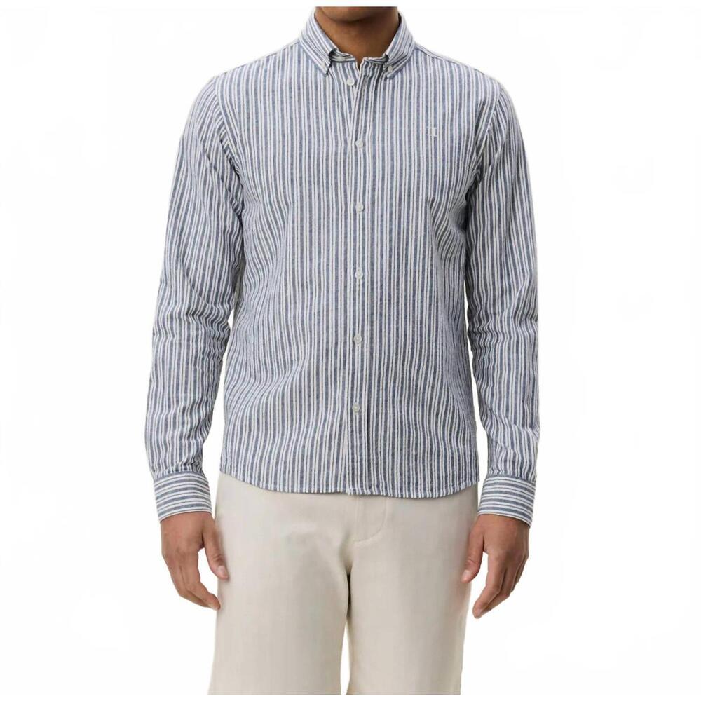 NEW LES DEUX stripe cotton linen shirt in dark denim blue